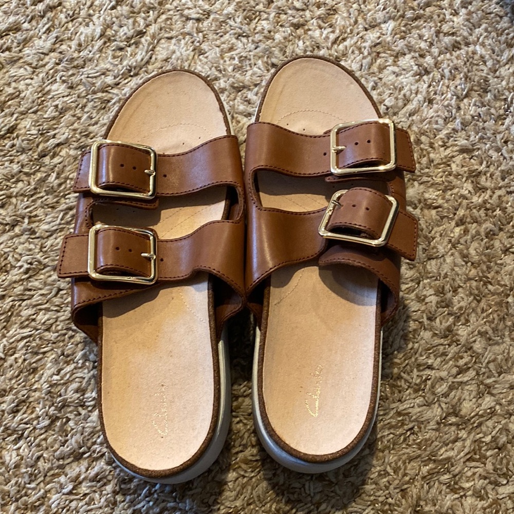 Clarks never worn dark tan botanic slides - size 10